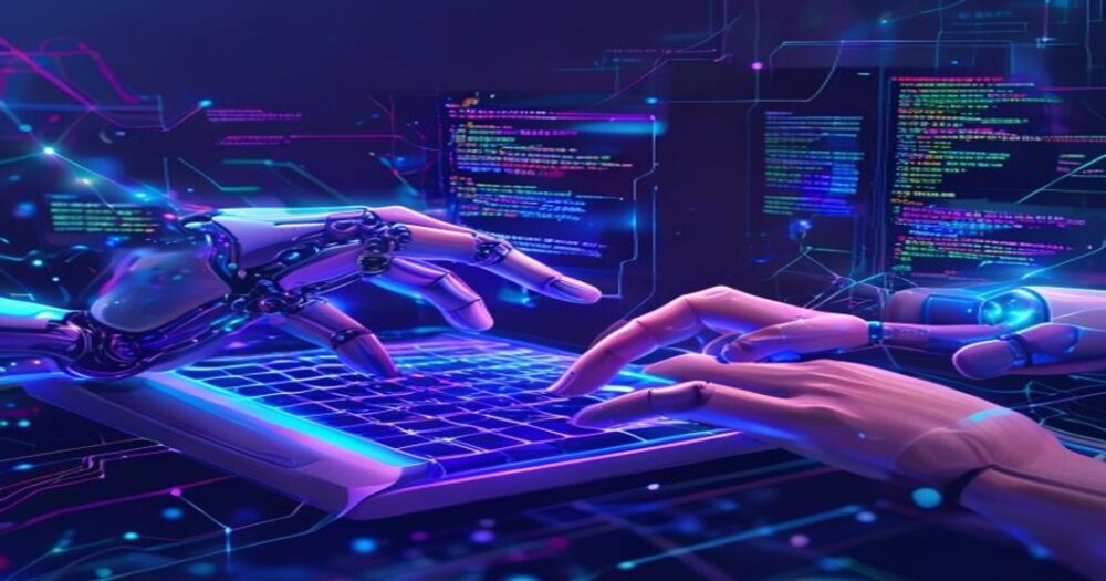 AI agentic coding: a robotic hand and human hand collaborating on holographic code, representing autonomous AI coding agents